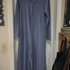 Three Bird Nest Cozy Long-Sleeve Henley Jumpsuit in Dusty Blue